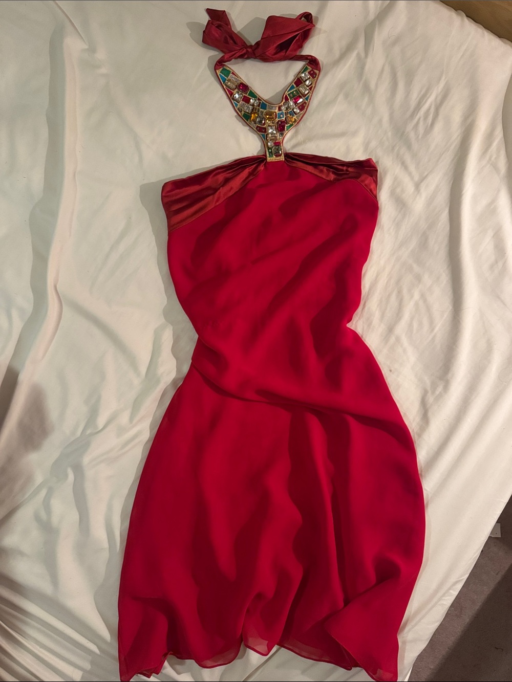 Red Halter Dress with Jeweled Neckline